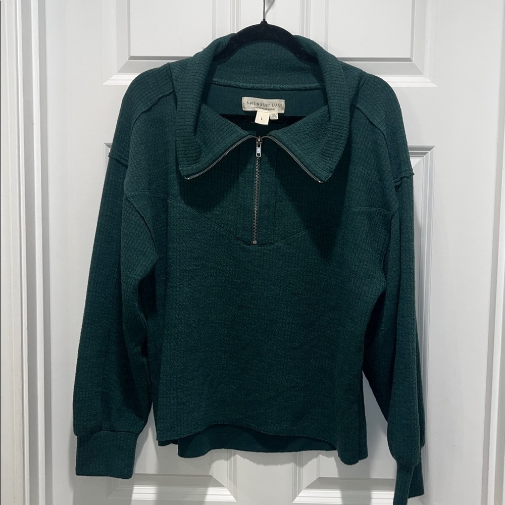 Saltwater Luxe 1/2-Zip Half zip Pullover Juniper green raw edge The Ribbed cozy - Picture 5 of 16